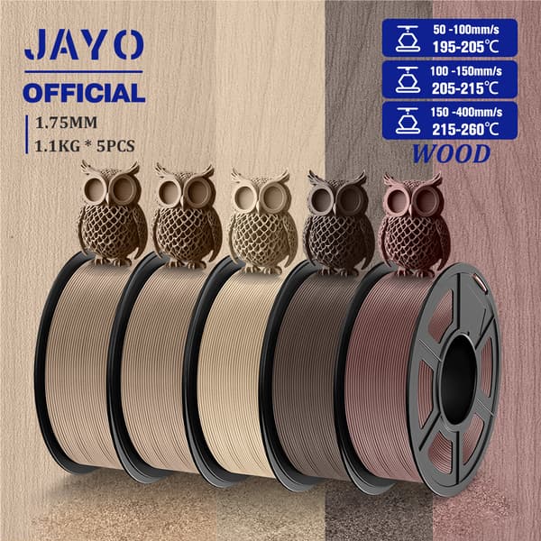 Wood PLA-filament, 1,75 mm diameter, 15% äkta träfiber,Lönnträ 5 rullar