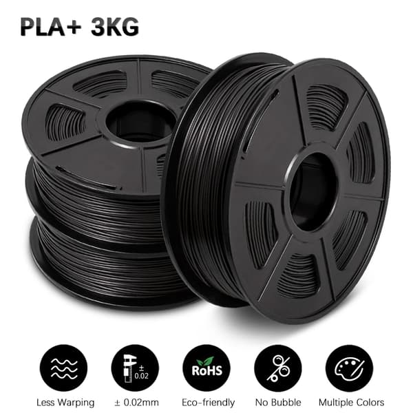PLA Filament 3 Rullar, 1,75 mm Diameter, Miljövänligt Material,PLAPLUS Svart 3Rullar