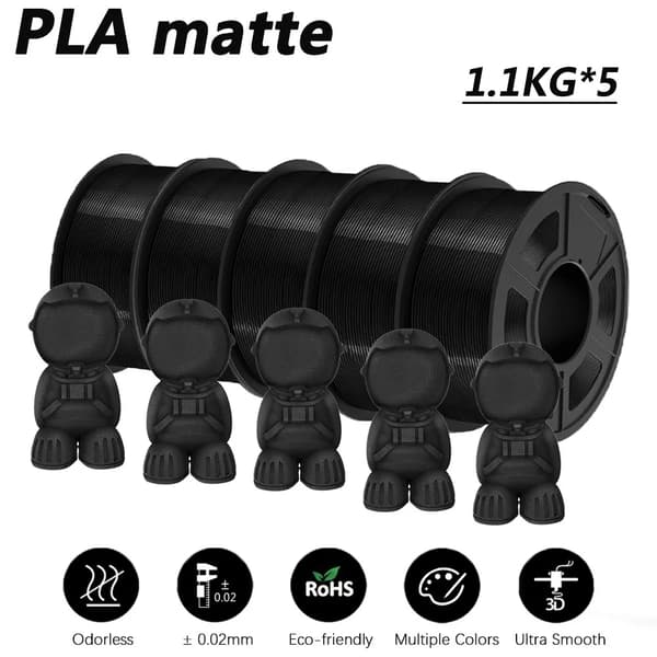PLA Matte Filament, 1,1KG, Glat Udskrivning,5BK