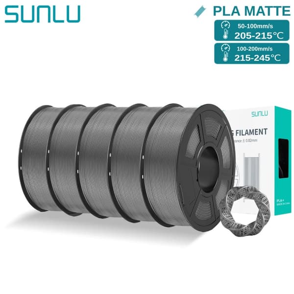 SUNLU PLA Mattapintainen Filamentti 1.75mm, Korkeanopeusvalmis, Kuplaton, 1KG,5 Harmaa