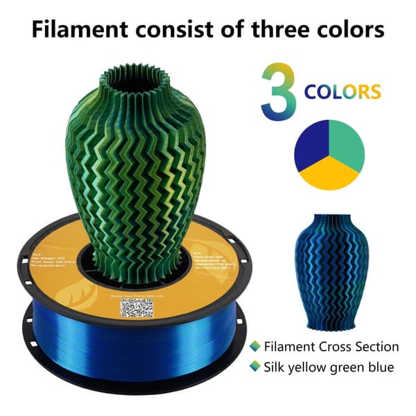 KINGROON Silke Tricolor PLA Filament, 1,75 mm Diameter, Høj Udskrivningshastighed,Gul Grøn Blå