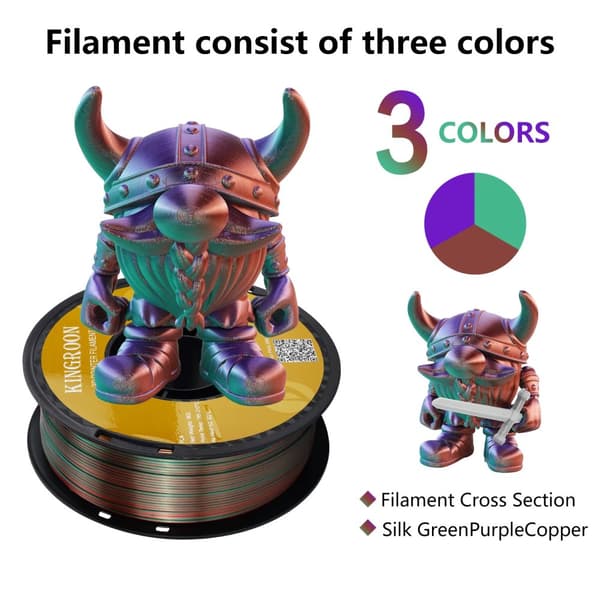 KINGROON Silke Tricolor PLA Filament, 1,75 mm Diameter, Hög Utskrifts Hastighet,Grön Lila Koppar