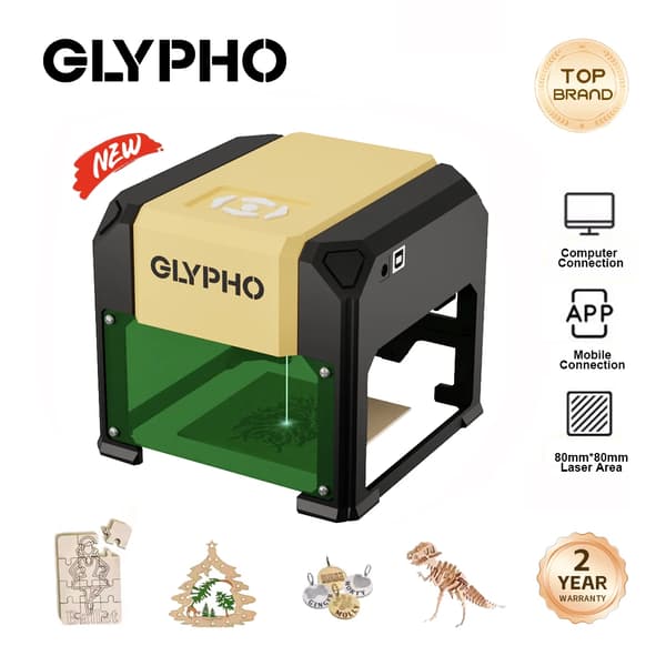 GLYPHO Lasergravyrmaskin, 3000mW effekt, 80mm x 80mm gravyrområde,3W, K4, EU-kontakt