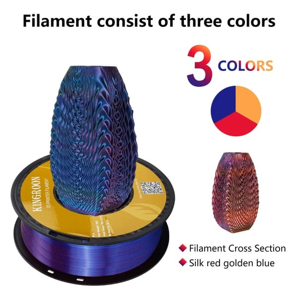 KINGROON Silke Tricolor PLA Filament, 1,75 mm Diameter, Hög Utskrifts Hastighet,Röd Guld Blå