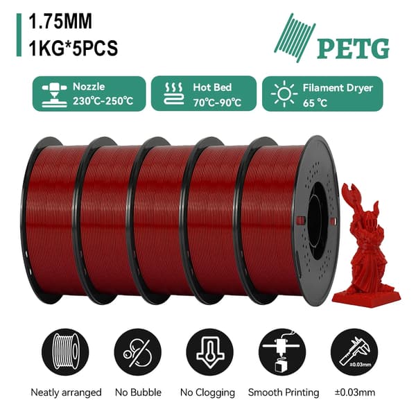 3D Printer Filament, 5kg Boblefri Kvalitet,5kg PETG Rød