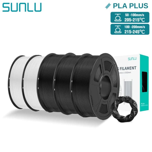 SUNLU PLA+ Filament, 1,75 mm Diameter, Utskriftstemperatur 205-215℃,2vit2Svart