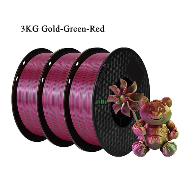 Silk PLA Filament, Trefärgad, Bubbel-fri, 3kg Guld Grön Röd