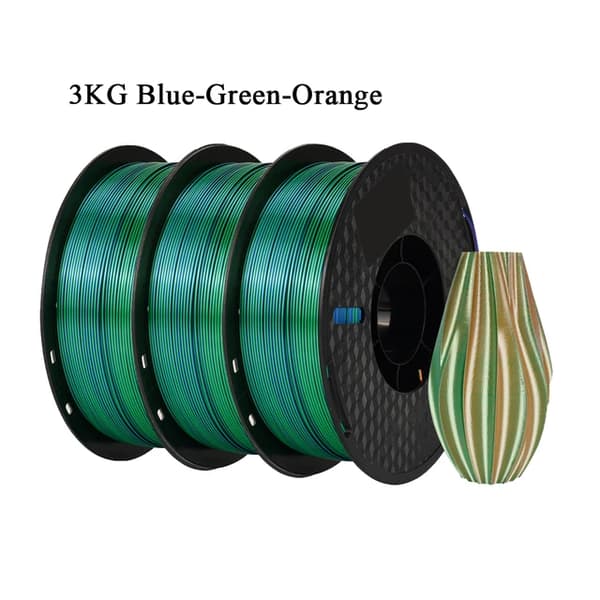 Silk PLA Filament, Tricolor, Boblefri, 3kg Blå Grøn Ora