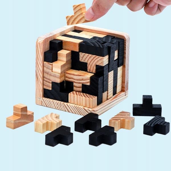 IQ-Puslespil i Træ, 3D - Terning - Sort