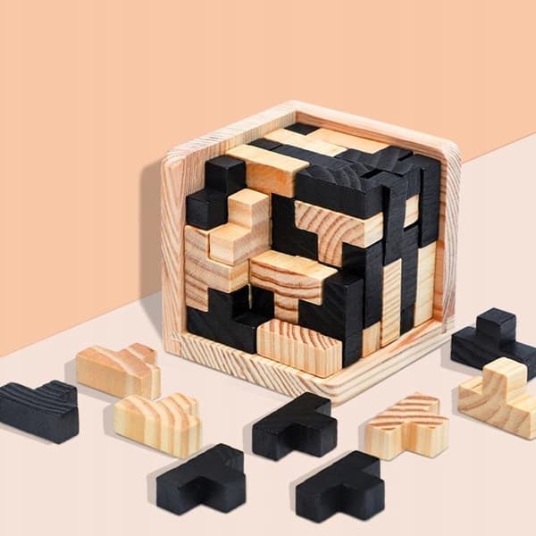 IQ-Puslespil i Træ, 3D - Terning - Sort