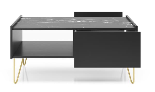 Soffbord: två lådor, en hylla, Kroppsfärg: svart grafit, Färg på framsidan: svart marmor, M: bredd: 97 cm, höjd: 45 cm, djup: 65 cm,