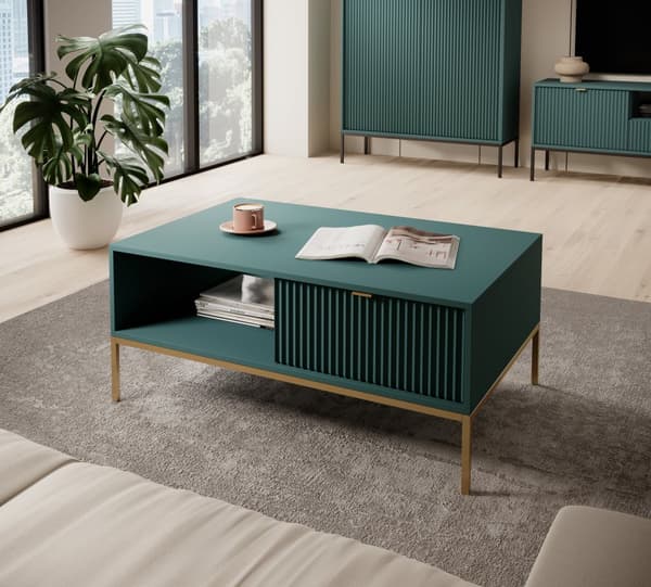 Couchtisch: eine Schublade, ein Regal, Farbe: Labrador, Gestellfarbe: Gold Möbelmaße: Breite: 104 cm, Höhe: 46 cm, Tiefe: 68 cm,