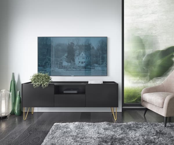 TV-kaappi: yksi laatikko, kaksi ovea, kolme hyllyä, Rungon väri: musta grafiitti, Etuosan väri: musta marmori, K: l: 144 cm, k: 55 cm, s: 37 cm