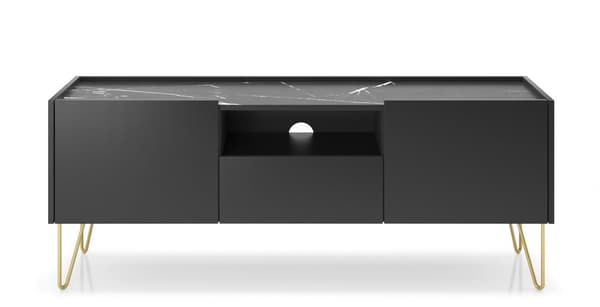 TV-kaappi: yksi laatikko, kaksi ovea, kolme hyllyä, Rungon väri: musta grafiitti, Etuosan väri: musta marmori, K: l: 144 cm, k: 55 cm, s: 37 cm