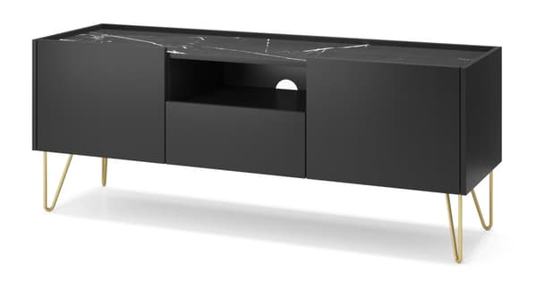 TV-kaappi: yksi laatikko, kaksi ovea, kolme hyllyä, Rungon väri: musta grafiitti, Etuosan väri: musta marmori, K: l: 144 cm, k: 55 cm, s: 37 cm