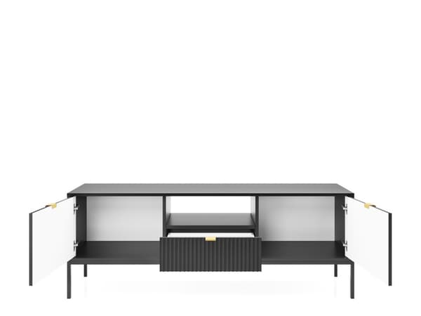 TV-skåp: en låda, två luckor, tre hyllor, Färg: svart, ramfärg: svart M: bredd: 154 cm, höjd: 56 cm, djup: 39 cm,