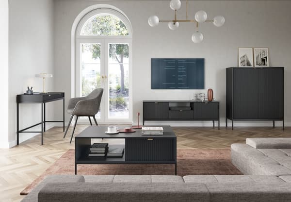 TV-skåp: en låda, två luckor, tre hyllor, Färg: svart, ramfärg: svart M: bredd: 154 cm, höjd: 56 cm, djup: 39 cm,