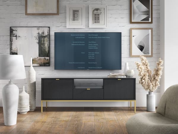 TV-skåp: en låda, två luckor, tre hyllor, Färg: svart, ramfärg: guld M: bredd: 154 cm, höjd: 56 cm, djup: 39 cm,