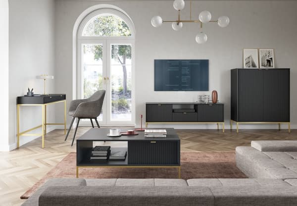 TV-skåp: en låda, två luckor, tre hyllor, Färg: svart, ramfärg: guld M: bredd: 154 cm, höjd: 56 cm, djup: 39 cm,