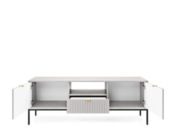TV-skåp: en låda, två luckor, tre hyllor, Färg: grå, ramfärg: svart M: bredd: 154 cm, höjd: 56 cm, djup: 39 cm,