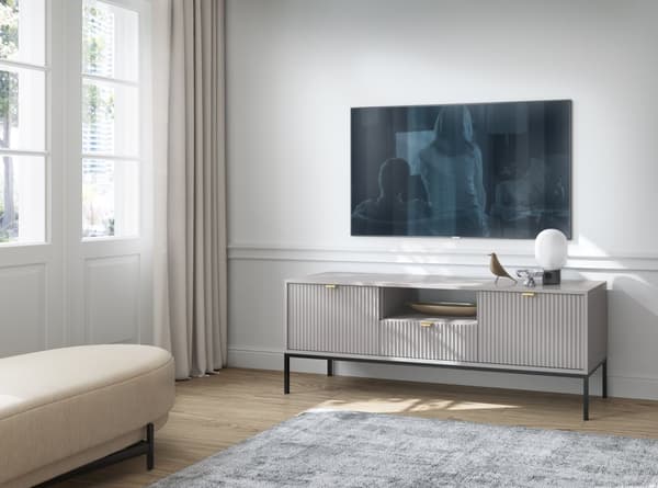 TV-skåp: en låda, två luckor, tre hyllor, Färg: grå, ramfärg: svart M: bredd: 154 cm, höjd: 56 cm, djup: 39 cm,