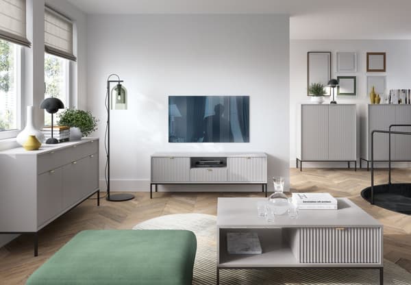 TV-skåp: en låda, två luckor, tre hyllor, Färg: grå, ramfärg: svart M: bredd: 154 cm, höjd: 56 cm, djup: 39 cm,