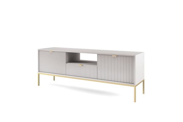 TV-skåp: en låda, två dörrar, tre hyllor, Färg: grå, ramfärg: guld M: bredd: 154 cm, höjd: 56 cm, djup: 39 cm,