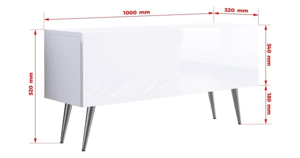 TV-møbel: i længden, i højden, farve: mat hvid / blank hvid, krone, møbelstørrelse: bredde: 100 cm, højde: 52 cm, bredde: 32 cm