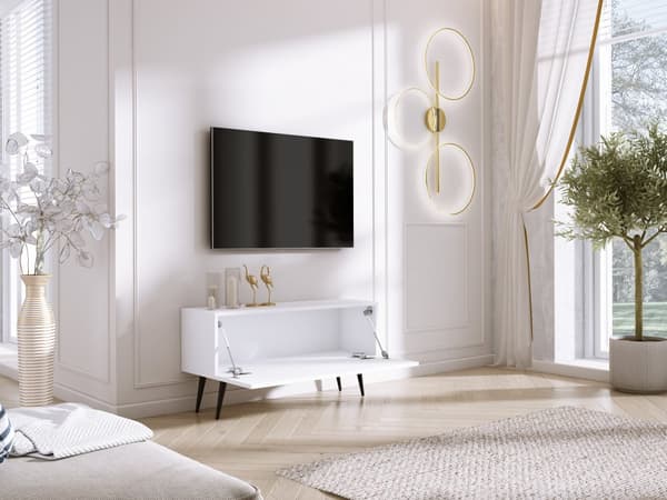 TV-skåp: en dörr, en hylla, Färg: matt vit / blank vit, svarta ben, M: bredd: 100 cm, höjd: 52 cm, djup: 32 cm