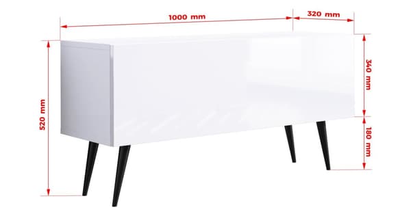 TV-skåp: en dörr, en hylla, Färg: matt vit / blank vit, svarta ben, M: bredd: 100 cm, höjd: 52 cm, djup: 32 cm