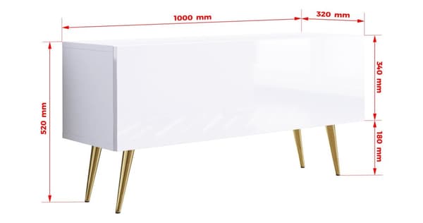 TV-kaappi: yksi ovi, yksi hylly, Väri: matta valkoinen / kiiltävä valkoinen, kultaiset jalat, Kalusteen mitat: l: 100 cm, k: 52 cm, s: 32 cm