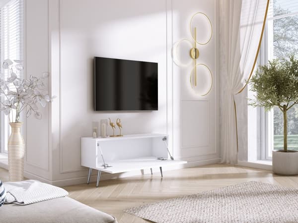 TV-skåp: en dörr, en hylla, Färg: matt vit, kromade ben, M: bredd: 100 cm, höjd: 52 cm, djup: 32 cm