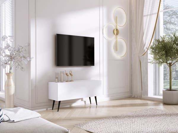 TV-skåp: en dörr, en hylla, Färg: matt vit, svarta ben, M: bredd: 100 cm, höjd: 52 cm, djup: 32 cm