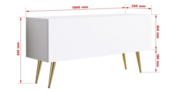 TV-kaappi: yksi ovi, yksi hylly, Väri: matta valkoinen, kultaiset jalat, Kalusteen mitat: l: 100 cm, k: 52 cm, s: 32 cm