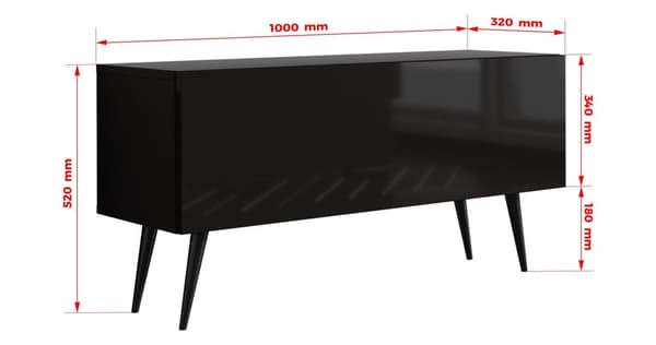 TV-møbler: i længden, i højden, farve: mat sort / glans sort, sort ben, møbelstørrelse: bredde: 100 cm, højde: 52 cm, bredde: 32 cm