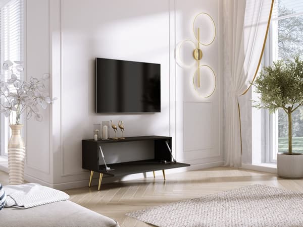 TV-skåp: en dörr, en hylla, Färg: mattsvart / blank svart, guldben, M: bredd: 100 cm, höjd: 52 cm, djup: 32 cm