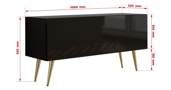 TV-skåp: en dörr, en hylla, Färg: mattsvart / blank svart, guldben, M: bredd: 100 cm, höjd: 52 cm, djup: 32 cm