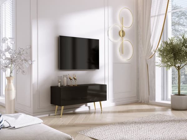 TV-skåp: en dörr, en hylla, Färg: mattsvart / blank svart, guldben, M: bredd: 100 cm, höjd: 52 cm, djup: 32 cm