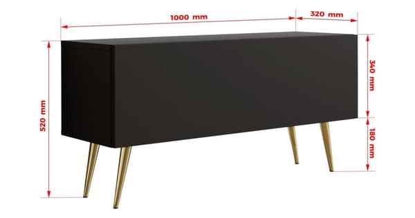 TV-møbler: i længden, i højden, farve: matsort, guld, møbelstørrelse: bredde: 100 cm, højde: 52 cm, bredde: 32 cm