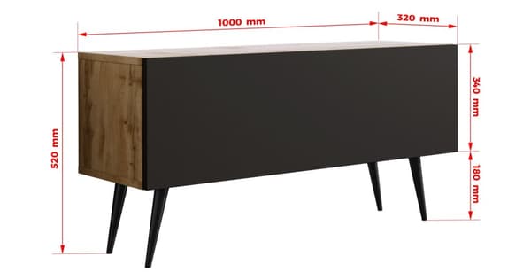 TV-møbel: i længden, i højden, farve: Wotan eg / mat sort, sort ben, møbelstørrelse: bredde: 100 cm, højde: 52 cm, bredde: 32 cm
