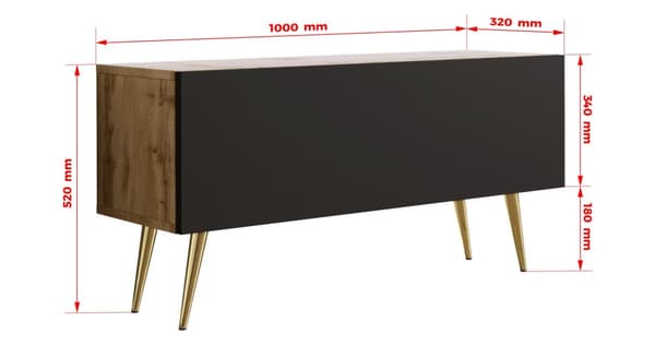 TV-møbel: i længden, i højden, farve: Wotan fx / matsort, guld, møbelstørrelse: bredde: 100 cm, højde: 52 cm, bredde: 32 cm