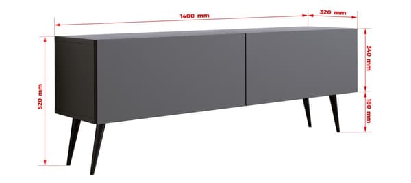 TV-kaappi: kaksi ovea, kaksi hyllyä, Väri: antrasiitti, mustat jalat, Huonekalun mitat: l: 140 cm, k: 52 cm, s: 32 cm
