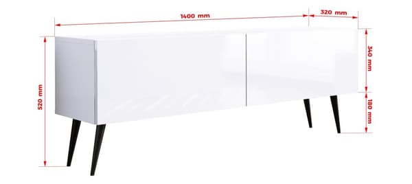 TV-skab: til låger, til hylder, Farve: mat hvid / blank hvid, sorte ben, Møbelmål: bredde: 140 cm, højde: 52 cm, bredde: 32 cm