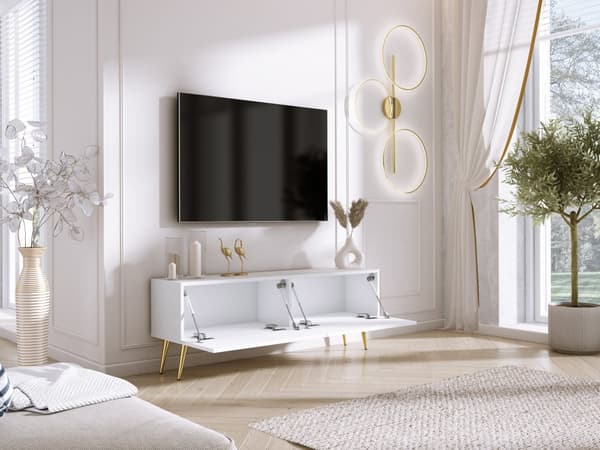 TV-skab: til låger, til hylder, Farve: mat hvid, guldben, Møbelmål: bredde: 140 cm, højde: 52 cm, bredde: 32 cm