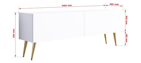 TV-skab: til låger, til hylder, Farve: mat hvid, guldben, Møbelmål: bredde: 140 cm, højde: 52 cm, bredde: 32 cm