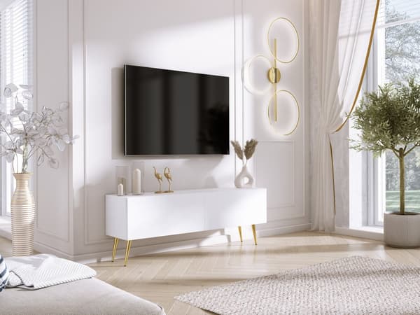 TV-skab: til låger, til hylder, Farve: mat hvid, guldben, Møbelmål: bredde: 140 cm, højde: 52 cm, bredde: 32 cm