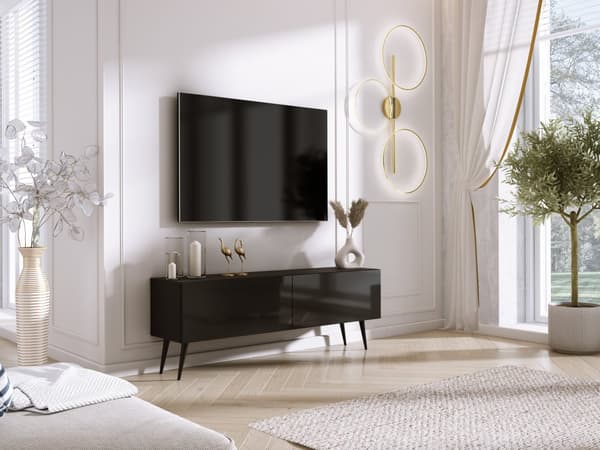 TV-kaappi: kaksi ovea, kaksi hyllyä, Väri: mattamusta / kiiltävä musta, mustat jalat, Kalusteen mitat: l: 140 cm, k: 52 cm, s: 32 cm