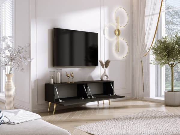 TV-kaappi: kaksi ovea, kaksi hyllyä, Väri: mattamusta / kiiltävän musta, kultaiset jalat, Kalusteen mitat: l: 140 cm, k: 52 cm, s: 32 cm