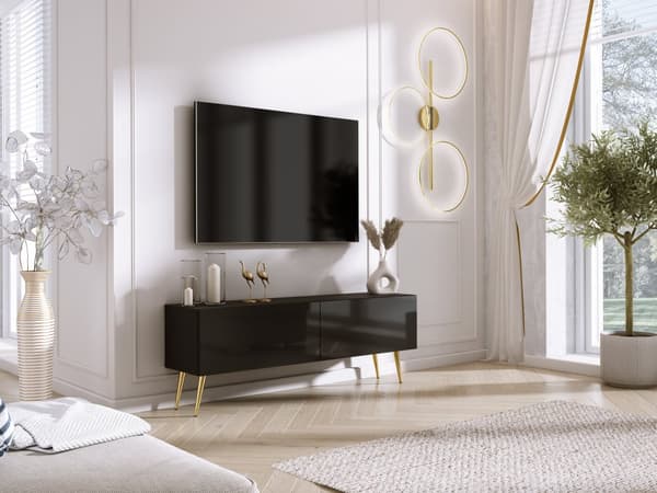 TV-kaappi: kaksi ovea, kaksi hyllyä, Väri: mattamusta / kiiltävän musta, kultaiset jalat, Kalusteen mitat: l: 140 cm, k: 52 cm, s: 32 cm