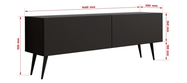 TV-skab: til længde, til hylder, Farve: mat sort, sorte ben, Møbelmål: bredde: 140 cm, højde: 52 cm, bredde: 32 cm